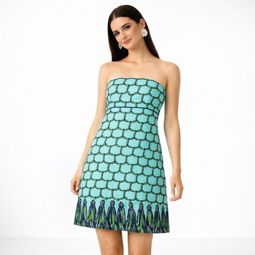 LILLY PULITZER strapless dress tassel print blue 6 a line preppy tropical island